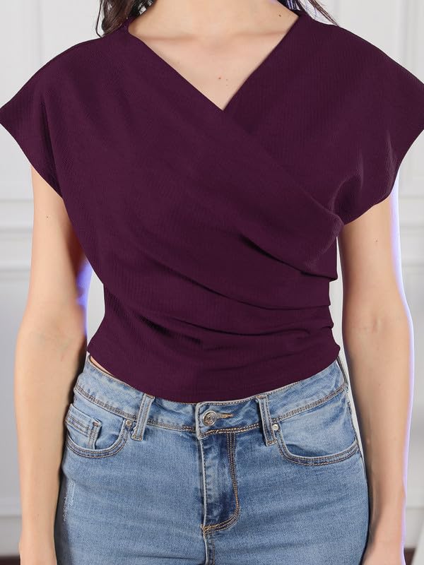 Image of NEUDIS Women Polyester Knit Solid Fitted Overlap Top