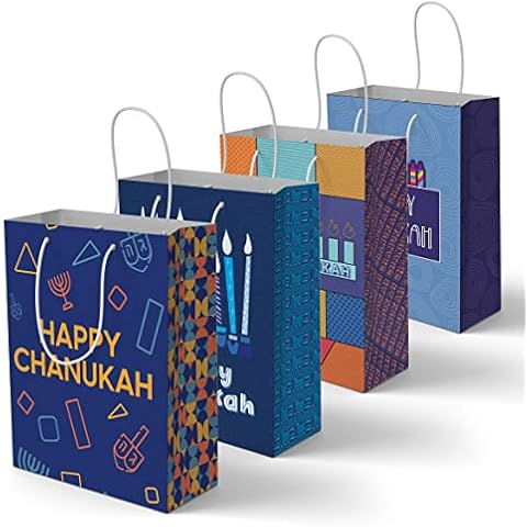 Hanukkah Gift Bags - 4 Pack Small Blue Gift Bags - 5 Inch x 8 Inch- Chanukah Gift Bags - 4 Assorted Hannukah Designs Cover