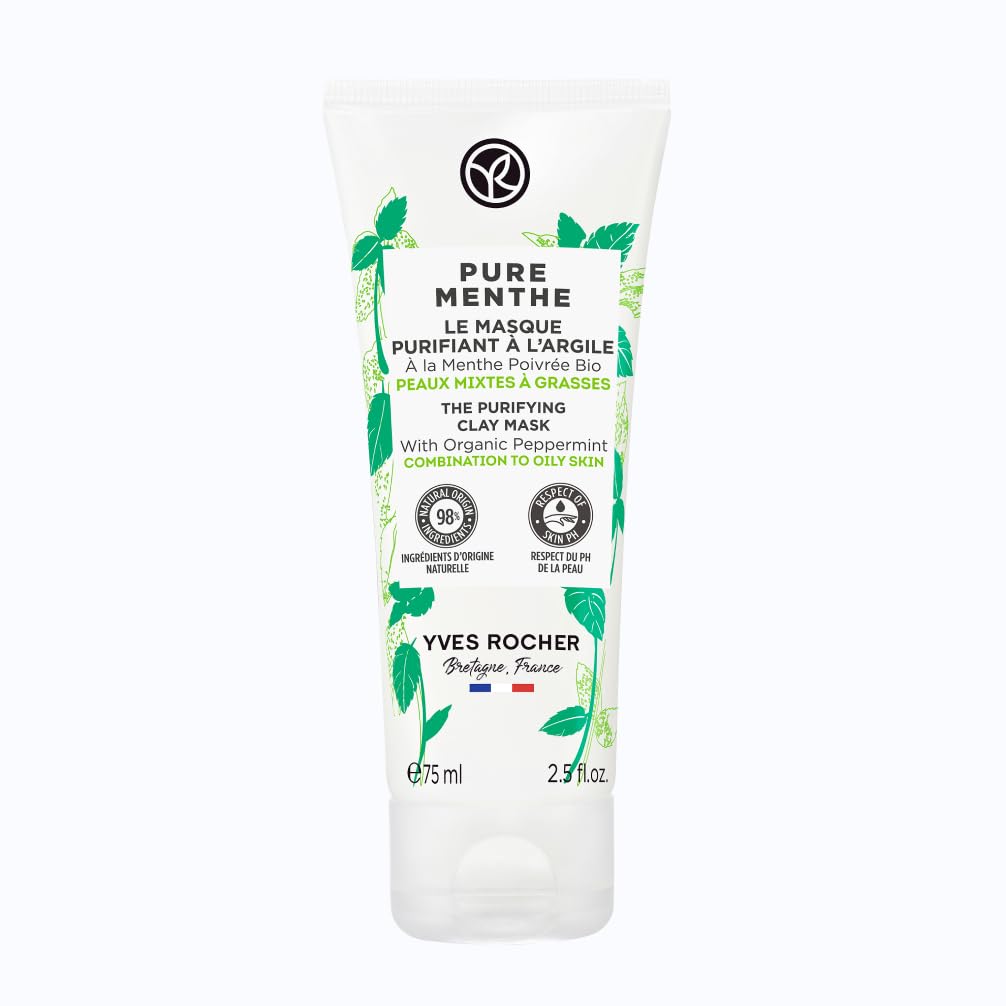Yves Rocher PURE MENTHE - Tonerde-Maske - Natürliche Gesichtsmaske gegen Pickel und unreine Haut - Gesichtspflege mit Bio-Pfefferminze - Für strahlende Haut - 75 ml