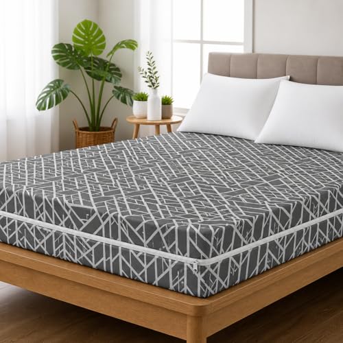 Image of Premium Cotton Printed Mattress Cover /Protector with Zipper Chain|Provides All Around Protection with 360 Encasing | Double King Size Bed - 78x72+8 inches (6.5 x 6 Feet Mattress) Grey Marble