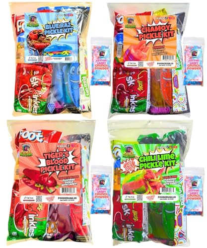 Image of Chamoy Pickle Kit Variety Party Pack (4 Kits) Blue Raspberry, Chamoy, Tigers Blood, Spicy Lime. Family fun pack, As seen on Tiktok, perfect for parties