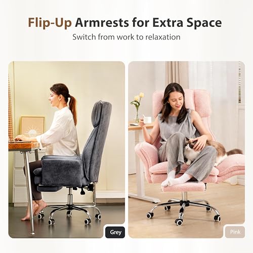 Image of Big and Tall Office Chair, Flip Armrests for Pets & Cross Legged Sitting, Executive Ergonomic Computer Gaming Chair with Foot Rest, Teddy Fleece Wide Seat Reclining Desk Chair, Pink