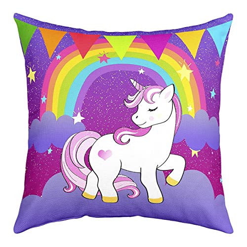 Girls Unicorn Pillow Cover 16x16, Kawaii Cute Unicorn Print Throw Pillow For Kids Boys Children Youth, Cartoon Horse Cushion Case Children Galaxy Stars Magical Unicorn Animal Pillow Case, Purple