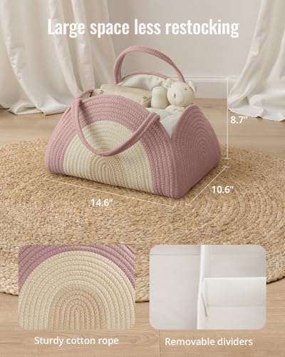Image of Blissful Diary Baby Diaper Caddy Organizer, Cotton Rope Diaper Caddy Basket, Large Storage Basket for Newborn Boys and Girls, Gift for Baby Shower List, Newborn Essentials, Blush Rainbow