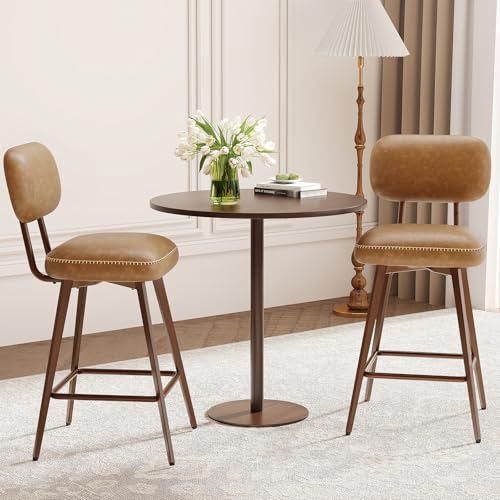 Image of MALOL 26 inch Swivel Bar Stools Set of 2, Mid Century PU Leather Counter Height Bar Chairs with Low Back and Metal Legs, Modern Bar Stool Chair for Kitchen Island, Brown