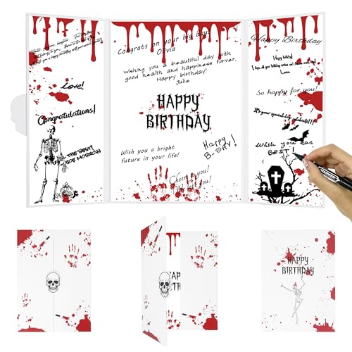 DARUNAXY Happy Birthday Party Decorations, Red Birthday Alternative Signature Guest Book Horror Birthday Gifts Halloween Skull Ghost Birthday Signing Card Party Supply for Boys & Girls