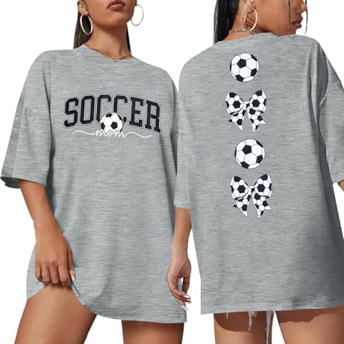 ALLTB Soccer Mom Shirt Women Oversized Soccer Shirts Soccer Season T-Shirt Bow Tshirt Causal Football Short Sleeve Tops Gray