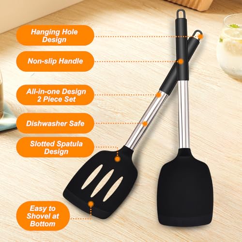 3PCS Heat Resistant Silicone Spatulas, BPA Free, Large Black Spatula Turner, Reusable Silicone Spatula Set, Non Stick Flexible Silicone Spatula Set for Baking, Frying, Flipping Eggs, Pancakes - Image 4