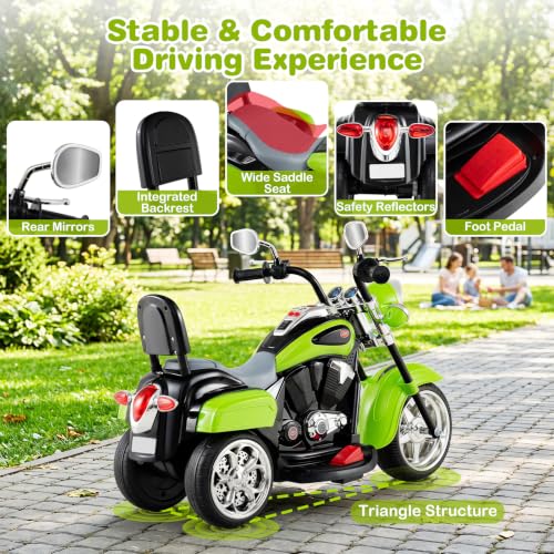 Image of Costzon 6V Ride on Chopper Kids Motorcycle with Adjustable Headlight(Green) | Horn, Engine, 3-Wheel Stable Ride on Toys, Battery Powered Electric Toddler Motorcycle for Kids, Gift for Boys Girls