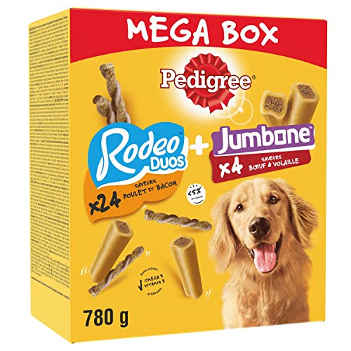 PEDIGREE MEGA BOX Récompenses pour Chien - Mix Friandises Rodeo Duo 24 sticks & Jumbone 4 Os à Mâcher - Box de 780g - Friandises Idéales pour Eduquer ou Faire Plaisir à son Chien