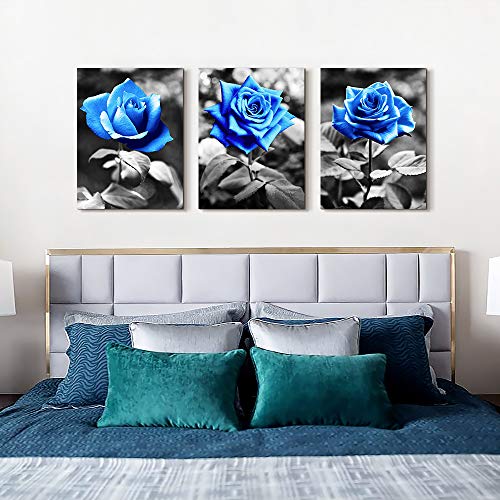 DZRWUBHS Large Wall Art For Living Room Wall Decor For Kitchen Black And White Canvas Prints Pictures Artwork Blue Rose Flowers Wall Paintings Modern Office Bedroom Room Home Decorations 3 Pieces