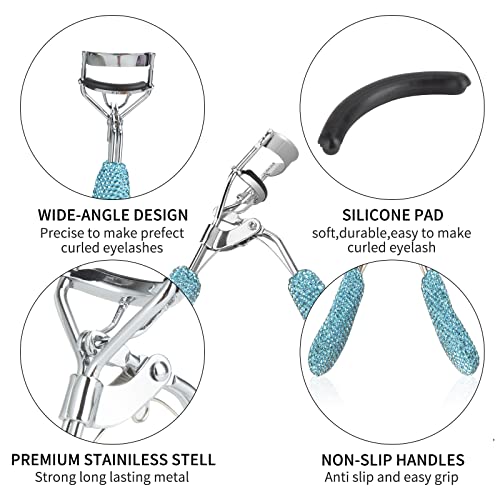 Bling Rhinestone Eyelash Curlers Stainless Steel Natural And Long Lasting Eyelash Fit For All Eye Shape Curved Lash Curler (Blue) #TOP1