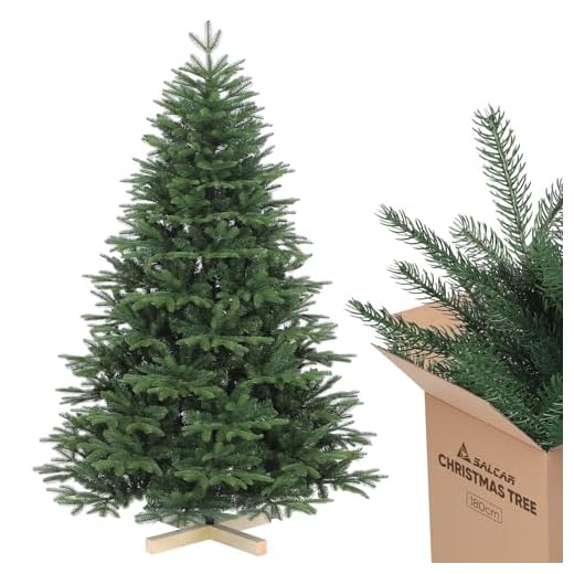 SALCAR Weihnachtsbaum Künstlich 180 cm, Künstlicher Tannenbaum aus PE & PVC mit Handschuhen und Holzständer als Weihnachtsdeko Innen