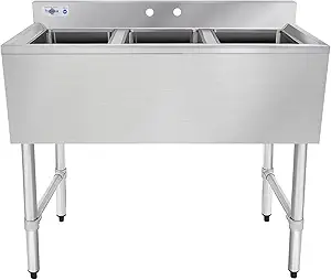 Profeeshaw NSF 3 Compartment Sink Commercial of Stainless Steel with 10'' x 14'' x 10'' Bowl Bar Utility Basin for Restaurant, Bar, Utility Room and Garage
