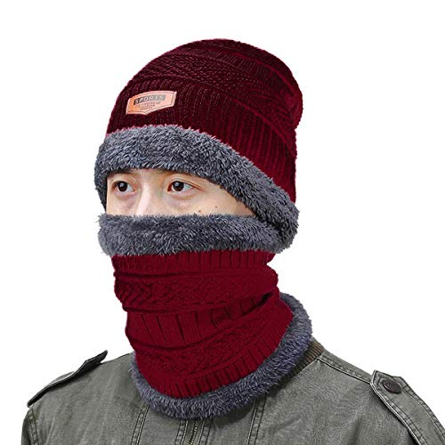 vocado New Vastra Lok - Mehroon Color Neck Warmer Ski Cap and Scarf Cold Warm Fur Lining Winter Hat for Women Men Knitted Thick Velvet Beanies Hat Bonnet for Men/Women-picture-37