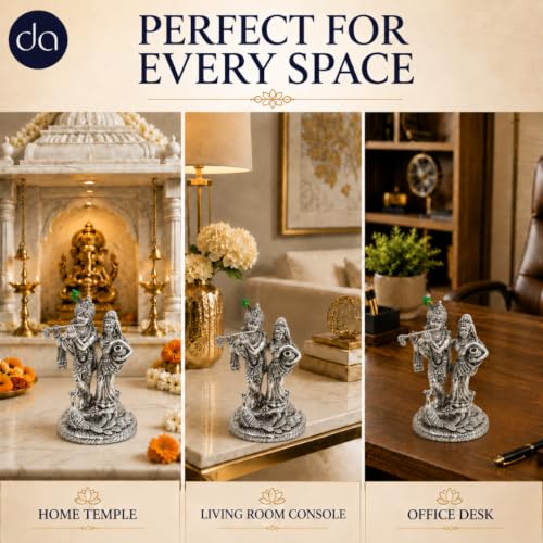 Image of 999 Silver Plated Radha Krishna Idol with Peacock - 5.5 Inch | Radhe Krishna Murti for Wedding for Couple, House Warming Gifts for Pooja Room