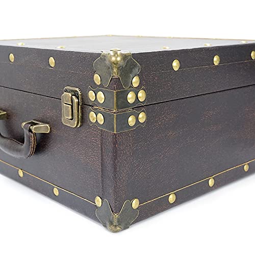 Dreamseden Large Wooden Decorative Storage Trunk - Wood Leather Treasure Chest Box Vintage Suitcase, 13.8" X 11.8" X 6.9" #TOP3