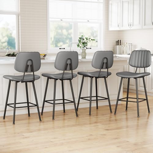 Image of Raynesys 24-Inch Leather Bar Stools Set of 4 with High Backrest, Grey