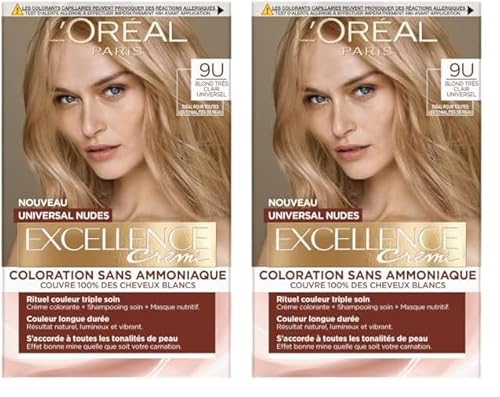 L’ORÉAL PARIS - Coloration Cheveux Cheveux Permanente - Sans Ammoniaque - Couvre 100% des Cheveux Blancs - Excellence Crème Universal Nudes - Nuance : Blond Très Clair Universel (9) (Lot de 2)