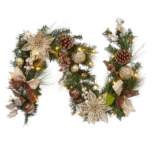 Christmas Garland with Lights, 6 FT Coffee Brown Pre-Lit Christmas Garland with 20 LED Ball Ornaments Pine Cones and Ribbon Bows for Fireplace Mantle Stair Railing Indoor Outdoor Christmas Decoration