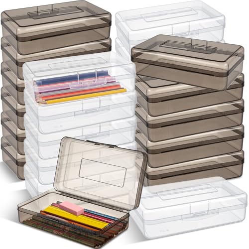 Image of Patelai 24 Pack Pencil Box for Kids 8.3x4.7x2.4 Plastic Clear Pencil Case Bulk Crayon Boxes with Snap Tight Lids for Classroom School Students(Black)