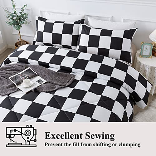 Andency Plaid Comforter Queen(90X90Inch), 3 Pieces (1 Plaid Comforter And 2 Pillowcases) Black White Checkerboard Lightweight Microfiber Geometric Bedding Comforter Set #TOP3