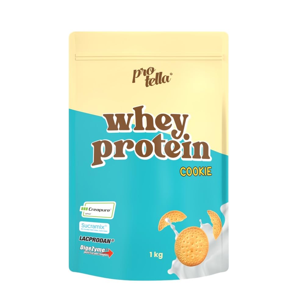 Protella Whey Protein Cookie1 kg – Proteína de Suero Premium con Creapure®, Enzimas DigeZyme®, 0% Azúcares Añadidos, Sin Aceite de Palma, Sabor Galleta