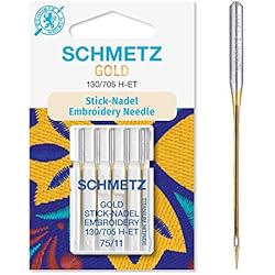 Maquina Brother Bordadora Domestica SCHMETZ - Agujas para máquina de coser | 5 Agujas Doradas para Bordar | 130/705 H-ET | Grosor de la aguja: 75/11 | Compatible con todas las máquinas de coser domésticas y máquinas de bordar domésticas convencionales