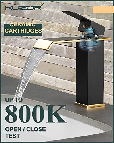 Kuzor Waterfall Bathroom Faucets 1 Or 3 Hole Single Handle, Matte Black & Shiny Gold Bathroom Sink Faucet With Metal Pop Up Drain, Square Brass Faucet For Bathroom Sink #TOP1