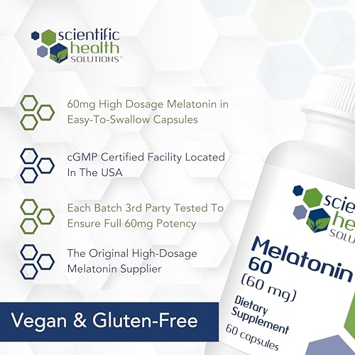 Scientific Health Solutions Melatonin 60mg | High Dosage Melatonin in Easy-to-Swallow Capsules | Vegan, Non-GMO & Gluten-Free | US-Made Extra Strength Melatonin (Single) - Image 3