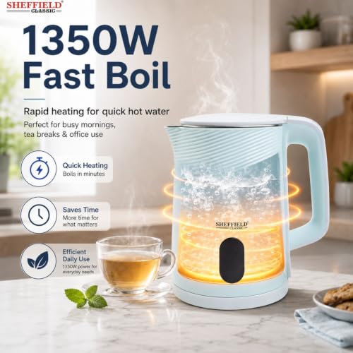 Image of SHEFFIELD CLASSIC 1.5L Cool Touch Electric Kettle for Home & Office | 1350W Fast Boil Stainless Steel Water Jug | Double-Wall Insulation, Automatic Shut-Off & 360 Cordless Base (Blue, BPA-Free)