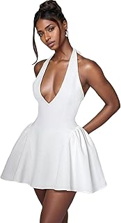 Women's Sexy Deep V Neck Halter Backless Mini Dresses Party Clubwear Pleated A Line Short Dress - Buy now
