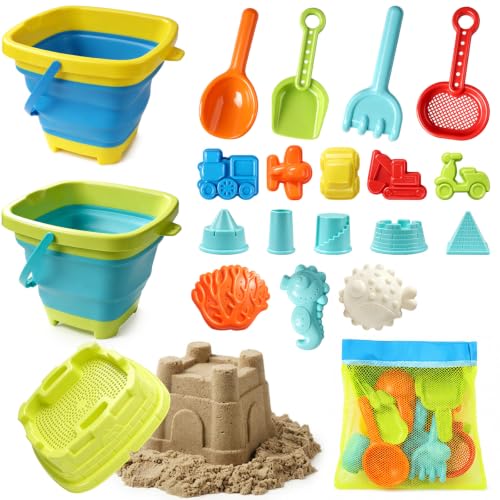 AOJN 21 in 1 Sandspielzeug Strandspielzeug Kinder Sandkasten Spielzeug mit Faltbarer Eimer Innovative Handtaschen Sandschaufel Sandformen Tragbar und platzsparend für Jungen Mädchen Kinder