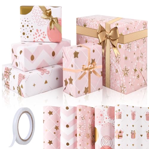 GAOHUI Geschenkpapier 5 Stück Rosa Geschenkpapier Geburtstag für Frauen und Mädchen mit Klebeband Niedliches Wrapping Paper Kinder Perfekt für Hochzeiten Valentinstag Babyparty Geburtstag