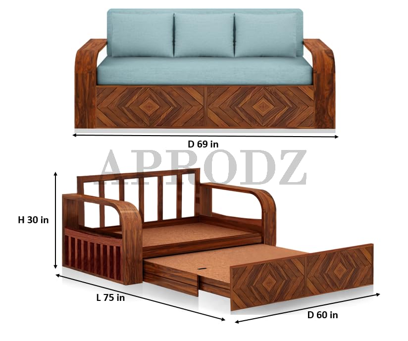 Image of APRODZ Solid Wood Sofa Cum Bed 3 Seater Velevt Fabric with Two Cushions Perfect Sofa Furniture for Home Living Office Room and Guests (Honey Finish 75x69x30-Inch)