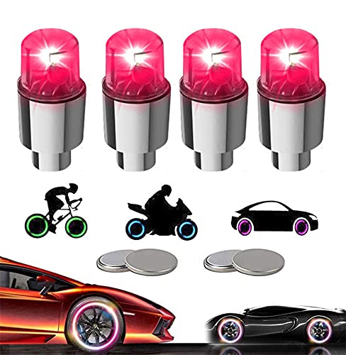YUERWOVER LED Tire Lights for Car 4 Pack Trucks Valve Stem Caps Bike Golf Cart Firefly Wheel Light Bicycle Motorcycle Tyre Spoke Lamp Waterproof for Kids Boys with 10 Extra Batteries(Red)