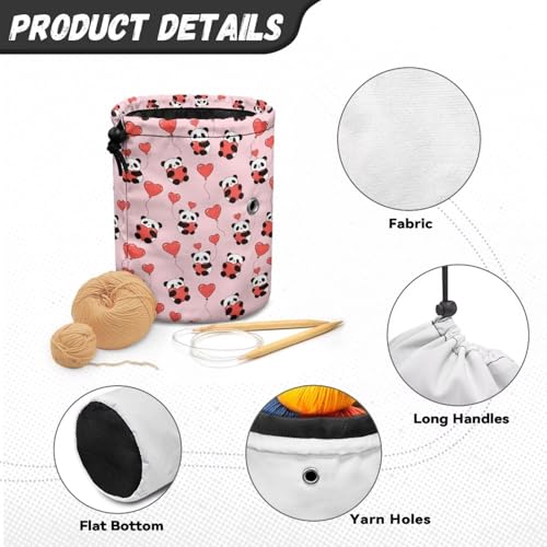 Image of Sellikakes Heart and Panda Yarn Bag Knitting Crochet Tote Bag Valentine's Day Yarn Organizer for Crocheting Project, Store Skein Ball,Short Knitting Needles