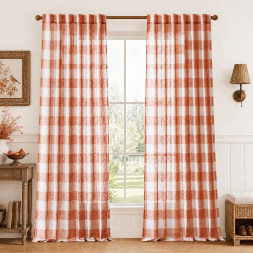 DriftAway Buffalo Plaid Semi Sheer Check Curtains 84 Inches Burnt Orange