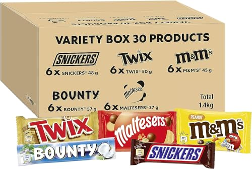 M&M's, Snickers & More, Mixed Chocolate Bar Variety Bulk Box, Chocolate Gift, 30 Bars, 1.4kg