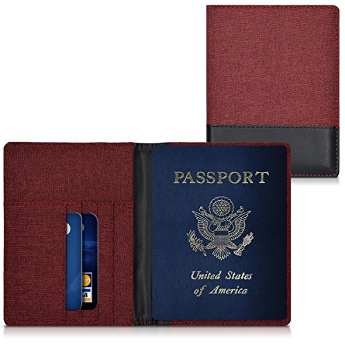 Preisvergleich Produktbild kwmobile Reisepass Hülle mit Kartenfächern - Canvas Ausweishülle Passhülle Kartenetui Tasche - Reisepasshülle in Dunkelrot Schwarz