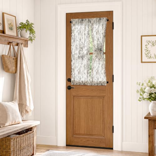 Image of jinchan Floral Sidelight Curtains for Front Door, 26x40, 2 Panels | 25% linen blend, black floral print, light filtering, rod pocket, tiebacks, washable, for front door sidelights