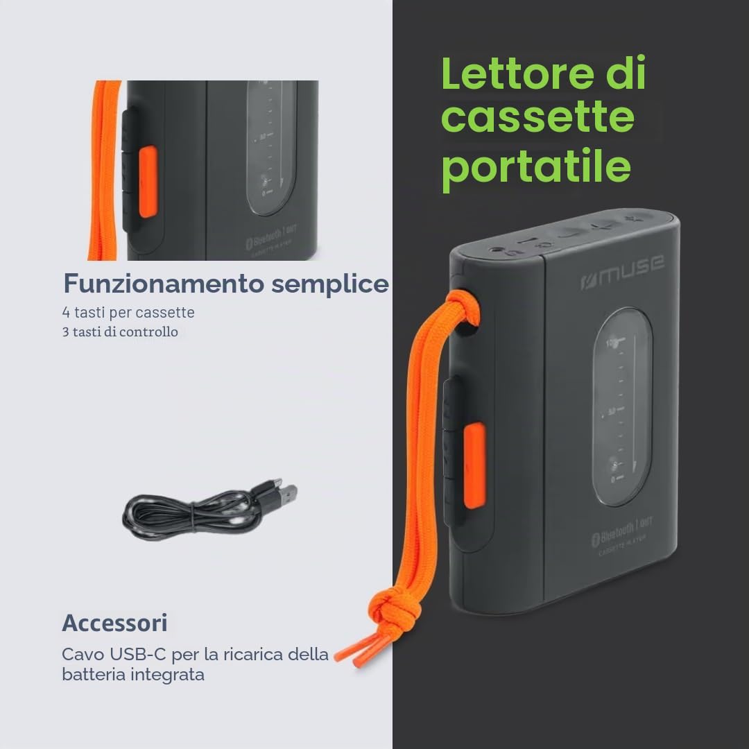 MUSE Lettore cassette portatile con jack per cuffie, ricarica USB-C, nero