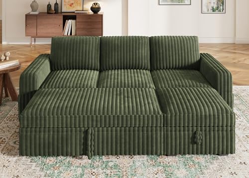 Image of HONBAY Modular Sectional Sofa with Pull Out Bed,Corduroy L Shaped Sleeper Sofa with Storage, Sectional Couches for Living Room,Green