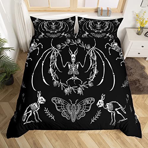 Feelyou Skull Duvet Cover Bat Skeleton Comforter Cover Boho Moth Gothic Skull Bedding Set Kids Boys Girls Adults Halloween Themed Bed Set Ultra Soft Horror Room Decor Queen Size Zipper (No Comforter)