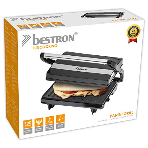 Foto von Bestron elektrischer Kontaktgrill mit Auffangschale, Sandwichmaker mit Cool-Touch-Handgriff, Paninimaker mit Antihaftbeschichtung, 700 Watt, APM123Z, Farbe: Schwarz, 22,5 x 14 cm