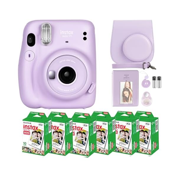 Fujifilm Instax Mini 11 Camera with Fujifilm Instant Mini Film (60 Sheets) Bundle with Deals Number One Accessories Including Carrying Case, Selfie Lens, Photo Album, Stickers (Lilac Purple)