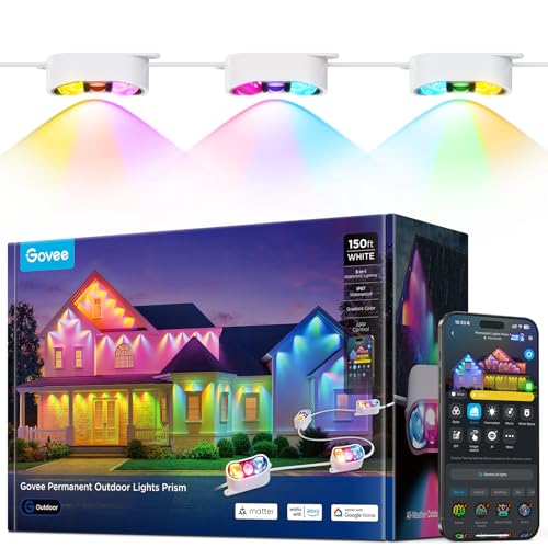 Image of Govee Permanent Outdoor Lights Prism, 150ft with 54 Triple-Color Heads, | RGBWW 100+ Scene Modes, Up to 60lm for Outdoor Decor, IP68 Waterproof, Works with Alexa, Google Home & Matter, White