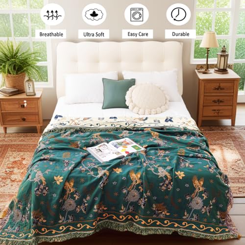 Boho 100% Cotton Large Throw Blanket - All Season Rustic Ultra Soft Breathable Floral Bird Blanket for Bed Sofa Couch Chair Bedspread Quilt Gift, 80" x 90"-Teal/Beige