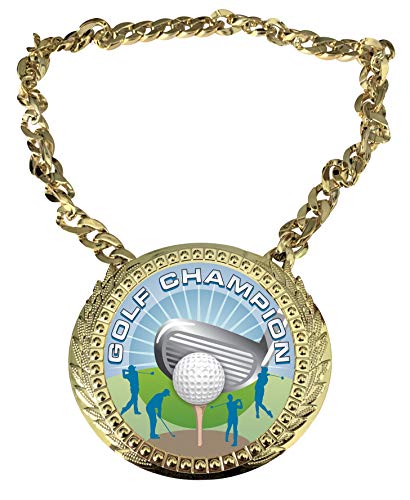 Express Medals Golf Champ Chain Trophy Award with a Center Plaque Plate Measuring 6 by 5.25 Inches and Includes a 34 Inch Chain with Black Velvet Presentation Bag.
