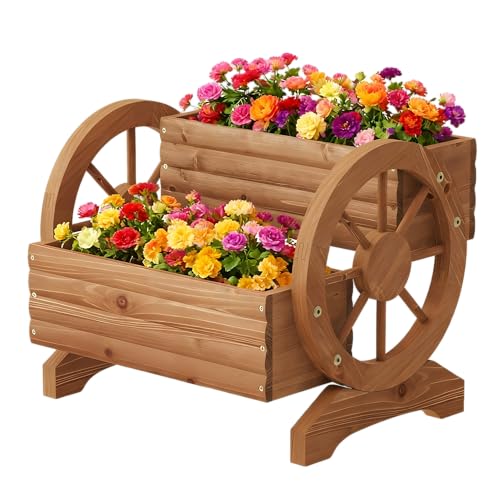 Wooden Wagon Planter Outdoor Flower Cart with Wheels Garden Planter, Decor Planter for Patio Balcony...